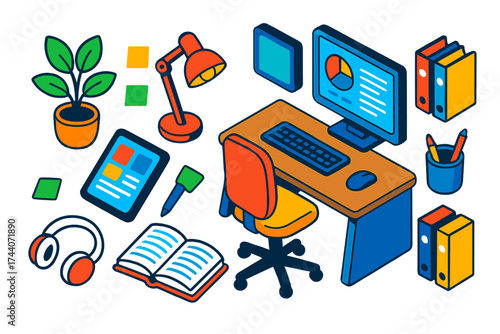 Vibrant Office Essentials. Isometric vector illustration set Office and study desk: tablet with work app, notebook, open book,
