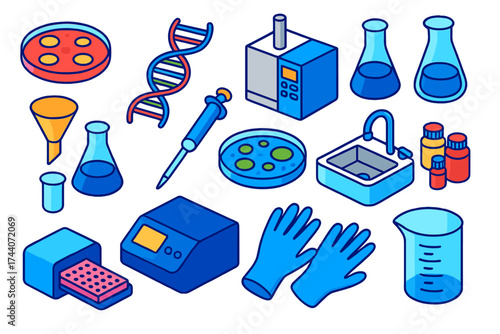 Scientific Lab Equipment Icons. Isometric vector illustration set scientific lab equipment and microbiology: petri dish with