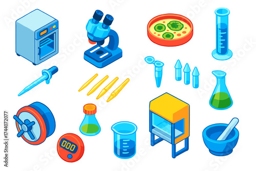 Scientific Lab Icons. Isometric vector illustration set scientific lab equipment and microbiology: microbiology incubator,