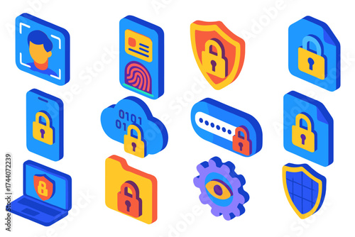 Digital Privacy Icons. Isometric vector illustration set digital identity and privacy: facial recognition interface, fingerprint