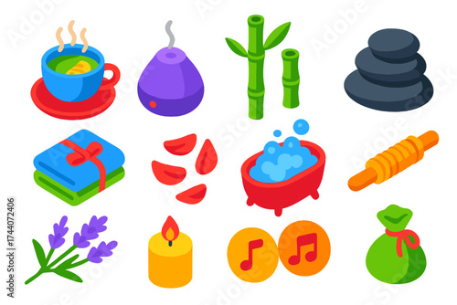 Wellness Relaxation Icons. Isometric vector illustration set relaxation icons for wellness: steaming herbal tea cup, oil diffuser