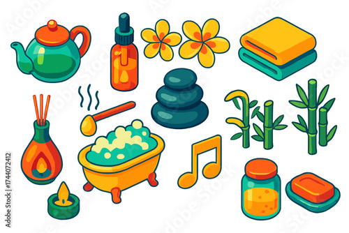 Wellness Relaxation Icons. Isometric vector illustration set relaxation icons for wellness: glass teapot, oil dropper, plumeria