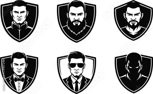 Male face logo illustration, shield emblem avatars, black and white stylized portraits, gaming identity design, team branding concept, vector artwork