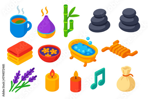 Wellness Icons Collection. Isometric vector illustration set relaxation icons for wellness: herbal tea mug, diffuser device,