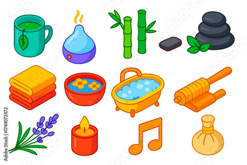 Wellness Icons Collection. Isometric vector illustration set relaxation icons for wellness: herbal tea mug, diffuser device,