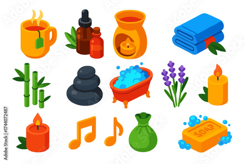 Relaxation Icon Set. Isometric vector illustration set relaxation icons for wellness: steaming herbal tea mug, essential oil set,