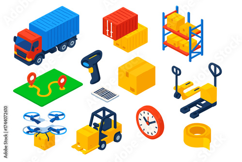 Logistics and Delivery Icons. Isometric vector illustration set logistics and delivery: freight truck, cargo containers, warehouse
