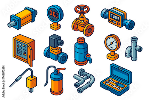 Industrial Automation Icons. Isometric vector illustration set industrial automation: pneumatic actuator, digital pressure gauge,