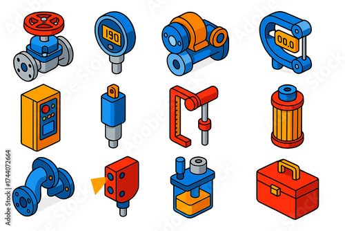 Industrial Automation Icons. Isometric vector illustration set industrial automation: diaphragm valve, digital pressure gauge,
