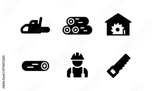Silhouette icons of lumberjack tools and equipment for logging and construction