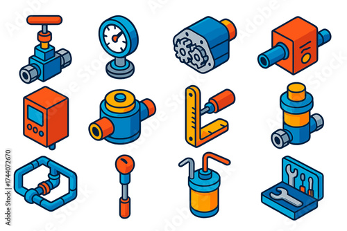 Industrial Automation Icons. Isometric vector illustration set industrial automation: needle valve, analog pressure meter, gear