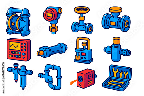 Industrial Automation Icons. Isometric vector illustration set industrial automation: diaphragm pump, pressure transmitter, needle