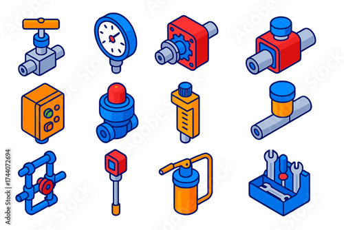 Industrial Automation Icons. Isometric vector illustration set industrial automation: needle valve, analog pressure meter, gear