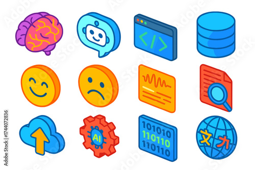 Bright AI Icon Set. Isometric vector illustration set AI, chat, code, NLP, database, sentiment: neural brain icon, chatbot face