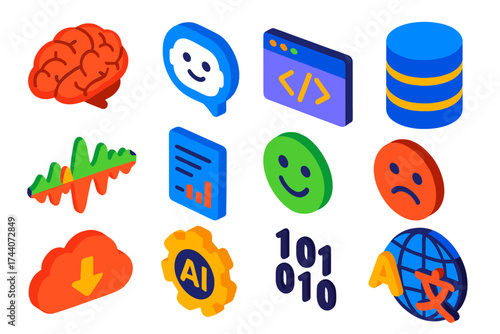 Bright AI Icon Set. Isometric vector illustration set AI, chat, code, NLP, database, sentiment: neural brain icon, chatbot face