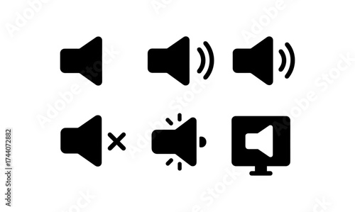 Set of speaker icons in solid style for sound and audio indication