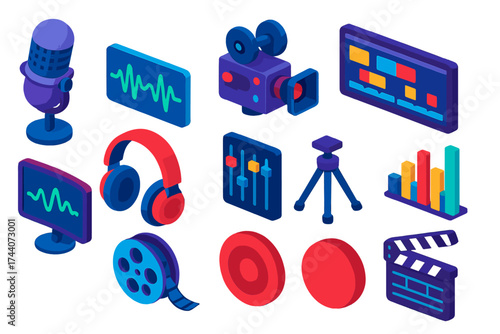 Isometric Multimedia Icons. Isometric vector illustration set multimedia icons for recording and editing: vocal mic, stereo wave