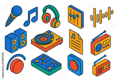 Vibrant Audio Icons. Isometric vector illustration set audio and music icons for digital applications and interfaces: handheld mic