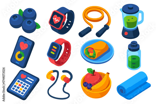 Healthy Lifestyle Icons. Isometric vector illustration set food, technology, and health themes: blueberries, smartwatch displaying