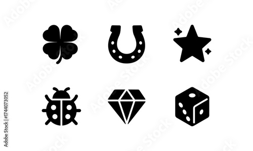 Simple icon set of lucky symbols: clover, horseshoe, star, ladybug, diamond, dice