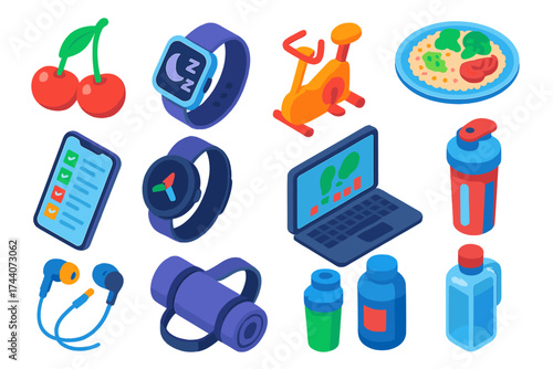 Isometric Wellness Icons. Isometric vector illustration set food, technology, and health themes: cherries, smartwatch sleep