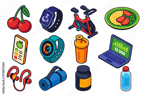 Isometric Wellness Icons. Isometric vector illustration set food, technology, and health themes: cherries, smartwatch sleep