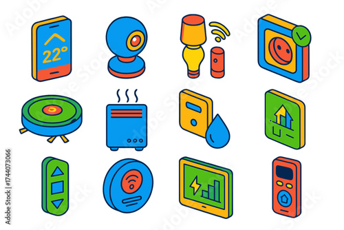 Smart Home Icons. Isometric vector illustration set smart home icons: app-controlled thermostat, panoramic camera,