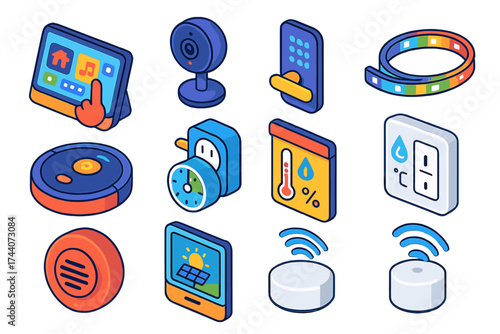 Smart Home Icons. Isometric vector illustration set smart home icons: interactive display hub, mini indoor camera, app-based light