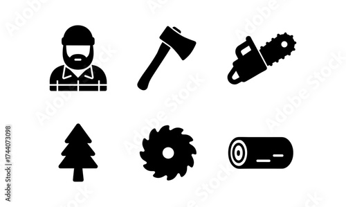 Forestry icons: lumberjack tools and forest elements in silhouette style