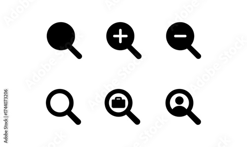 Search icon set featuring magnifying glass with add, subtract, profile, and business variations