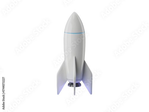 Clean 3D white rocket model with subtle blue details representing innovation and rapid growth isolated on transparent background