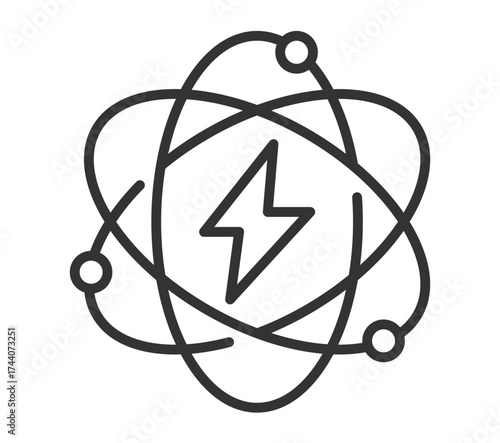 Simple atomic structure icon with orbiting electrons and lightning bolt