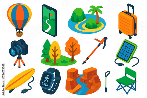 Adventure and Travel Icons. Isometric vector illustration set travel, technology, and nature themes: air balloon ride, smartphone