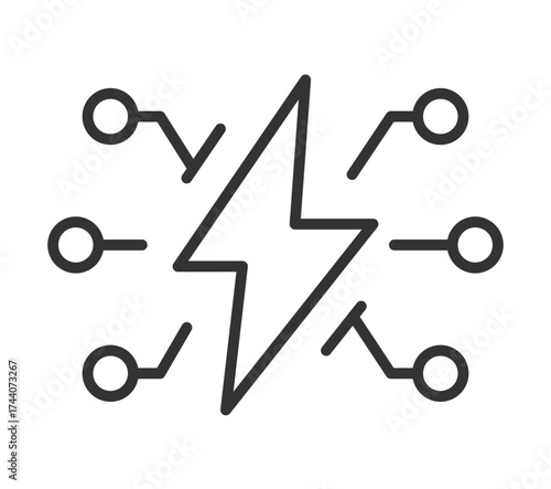Black and white electric bolt icon with connection nodes