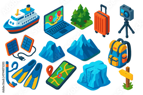Adventure Travel Icons. Isometric vector illustration set travel, technology, and nature themes: ferry boat, laptop with location