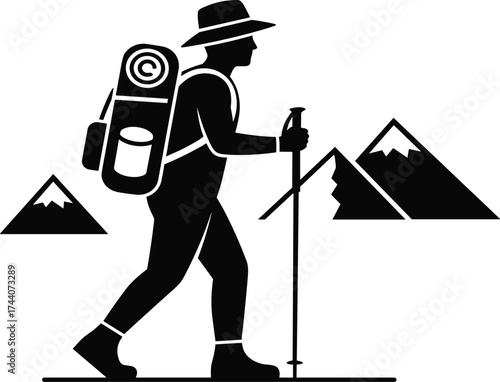 Hiker silhouette illustration, outdoor adventure vector, mountain background, backpack and poles, black and white trekking art, nature exploration concept design
