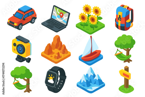 Adventure Icons Collection. Isometric vector illustration set travel, technology, and nature themes: road trip SUV, laptop showing