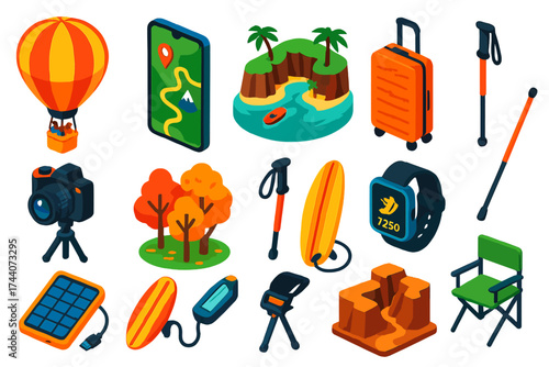Adventure and Travel Icons. Isometric vector illustration set travel, technology, and nature themes: air balloon ride, smartphone