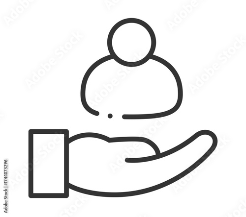 Outline icon of hand holding person with cross symbol on forehead