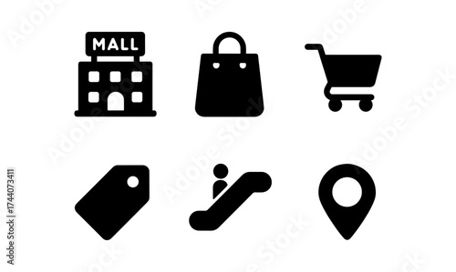Shopping icons set: mall, bag, cart, tag, escalator, location pin