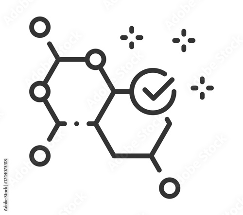 Molecular structure with checkmark symbolizing successful scientific analysis