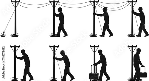 Set of utility worker silhouettes performing wire installation and pole maintenance—vector illustration for infrastructure, repair, and field service themes