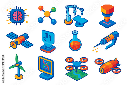 Innovative Tech Icons. Isometric vector illustration set innovative technology and science icons: neural AI core, molecular