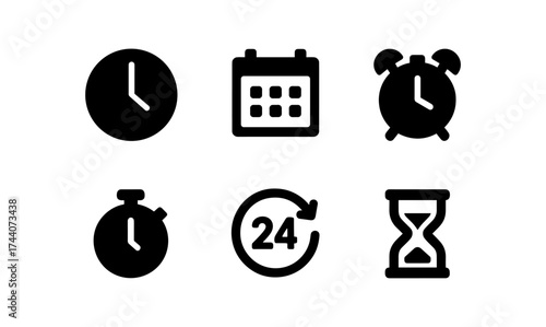 Minimalist time management icons set: clocks, calendar, stopwatch, 24 hours, hourglass
