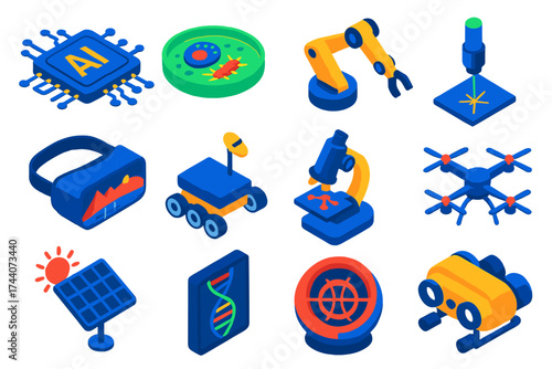 Technology and Science Icons. Isometric vector illustration set innovative technology and science icons: deep learning AI chip,