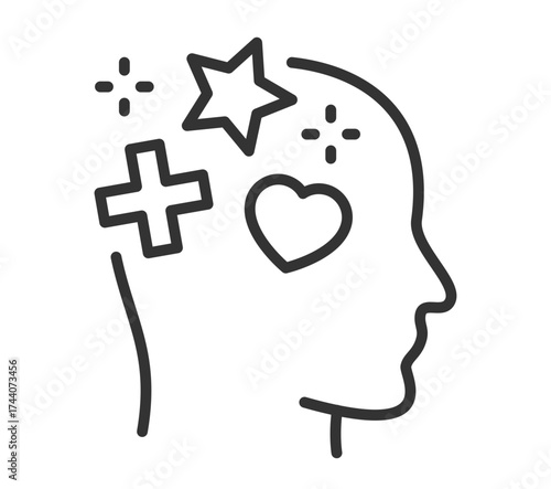 Outline of human head with heart, star, and cross symbols representing mindfulness and positivity