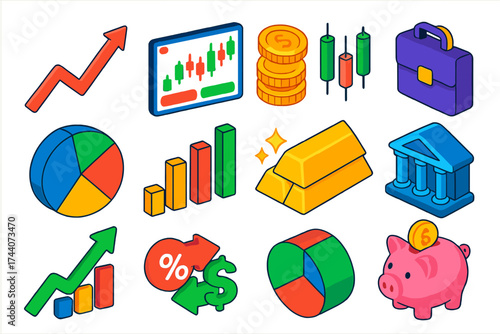 Financial Growth Icons. Isometric vector illustration set representing financial growth and trading trends in modern design: