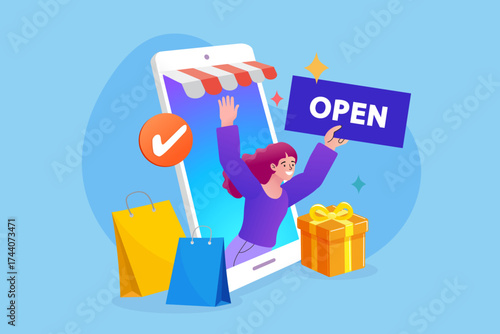 A female entrepreneur starts her e-commerce business. A store owner is ready for customers after launching her shop on a mobile platform. Metaphor for starting a successful online venture.