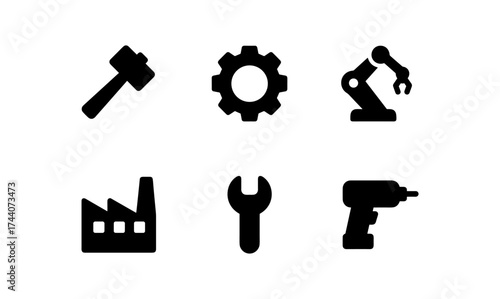 Industrial tools and gear icons in minimalist silhouette design
