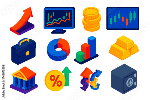 Financial Growth Icons. Isometric vector illustration set representing financial growth and trading trends in modern design: